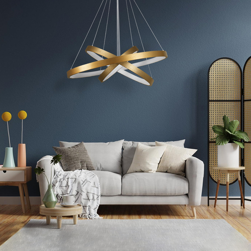 GLOBOSTAR® NEMESIS TRIO 61172-DECO Μοντέρνο Κρεμαστό Φωτιστικό Οροφής LED 120W 14723lm 360° AC 220-240V IP20 Ρυθμιζόμενο Λευκό CCT με Χειριστήριο από 2700K έως 6000K Dimmable - Lumileds SMD Chip - Χρυσό Βούρτσας - Μ80 x Π80 x Υ80cm - 3 Χρόνια Εγγύηση