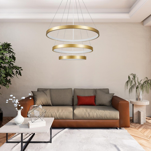 GLOBOSTAR® NEMESIS TRIO 61172-DECO Μοντέρνο Κρεμαστό Φωτιστικό Οροφής LED 120W 14723lm 360° AC 220-240V IP20 Ρυθμιζόμενο Λευκό CCT με Χειριστήριο από 2700K έως 6000K Dimmable - Lumileds SMD Chip - Χρυσό Βούρτσας - Μ80 x Π80 x Υ80cm - 3 Χρόνια Εγγύηση