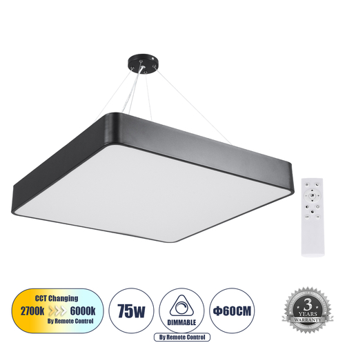 GLOBOSTAR® KAMALA 61208-P Μοντέρνο Κρεμαστό Φωτιστικό Οροφής LED 75W 8625lm 120° AC 220-240V IP20 Ρυθμιζόμενο Λευκό CCT με Χειριστήριο από 2700K έως 6000K Dimmable - Lumileds SMD Chip - Μαύρο Ματ - Μ60 x Π60 x Υ8cm - 3 Χρόνια Εγγύηση
