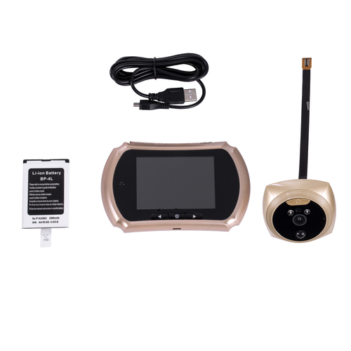 GloboStar® 86066 Επαναφορτιζόμενη Ψηφιακή Έξυπνη Camera Εξώπορτας 90° Μοιρών με Έγχρωμη Οθόνη 3.5 Inches - USB - Νυχτερινή Όραση με LED IR - Κουδούνι - Χρυσό