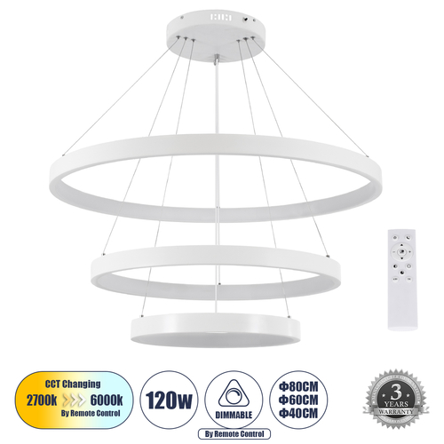 GLOBOSTAR® NEMESIS TRIO 61171 Μοντέρνο Κρεμαστό Φωτιστικό Οροφής LED 120W 14723lm 360° AC 220-240V IP20 Ρυθμιζόμενο Λευκό CCT με Χειριστήριο από 2700K έως 6000K Dimmable - Lumileds SMD Chip - Λευκό Ματ - Μ80 x Π80 x Υ80cm - 3 Χρόνια Εγγύηση