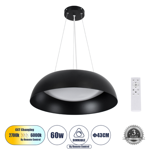 GLOBOSTAR® ANATOLIA 61267 Μοντέρνο Κρεμαστό Φωτιστικό Οροφής LED 60W 6900lm 120° AC 220-240V IP20 Ρυθμιζόμενο Λευκό CCT με Χειριστήριο από 2700K έως 6000K Dimmable - Lumileds SMD Chip - Μαύρο Ματ - Μ43 x Π43 x Υ11cm - 3 Χρόνια Εγγύηση