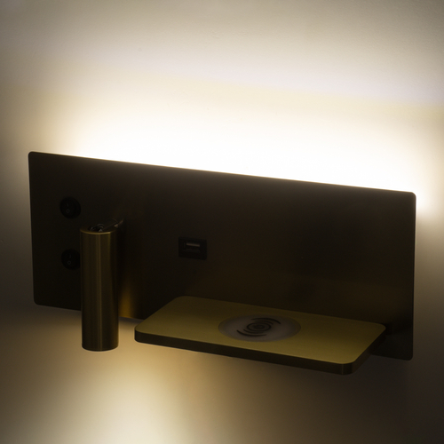 GLOBOSTAR® PALADIN 61358 Μοντέρνο Φωτιστικό Τοίχου - Απλίκα Ξενοδοχείου Reading Light με Φορτιστή USB 3A & Wireless 20W LED 6W 720lm 36° & 360° AC 220-240V IP20 Φυσικό Λευκό 4500K - Bridgelux COB Chip & TÜV SÜD Driver - Χρυσό Βούρτσας - Μ30 x Π11 x Υ12cm - 3 Χρόνια Εγγύηση