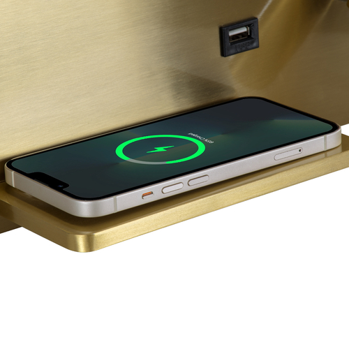 GLOBOSTAR® PALADIN 61358 Μοντέρνο Φωτιστικό Τοίχου - Απλίκα Ξενοδοχείου Reading Light με Φορτιστή USB 3A & Wireless 20W LED 6W 720lm 36° & 360° AC 220-240V IP20 Φυσικό Λευκό 4500K - Bridgelux COB Chip & TÜV SÜD Driver - Χρυσό Βούρτσας - Μ30 x Π11 x Υ12cm - 3 Χρόνια Εγγύηση