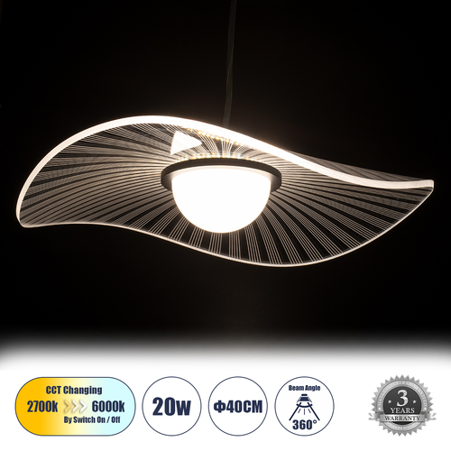 GLOBOSTAR® ACRYLICA 60974 Μοντέρνο Κρεμαστό Φωτιστικό Οροφής LED 20W 2240lm 360° AC 220-240V IP20 Ρυθμιζόμενο Λευκό CCT με On/Off 2700K/4500K/6000K - Lumileds SMD Chip - Διάφανο & Μαύρο Ματ - Μ40 x Π40 x Υ6.5cm - 3 Χρόνια Εγγύηση