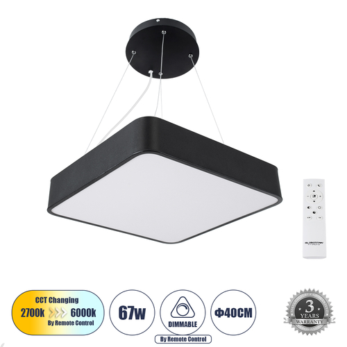 GLOBOSTAR® KAMALA 61206-P Μοντέρνο Κρεμαστό Φωτιστικό Οροφής LED 67W 7370lm 120° AC 220-240V IP20 Ρυθμιζόμενο Λευκό CCT με Χειριστήριο από 2700K έως 6000K Dimmable - Lumileds SMD Chip - Μαύρο Ματ - Μ40 x Π40 x Υ8cm - 3 Χρόνια Εγγύηση