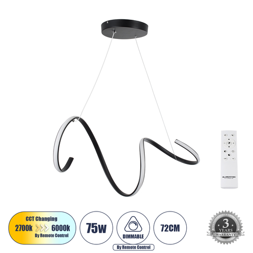GLOBOSTAR® SPIRALE 61283 Μοντέρνο Κρεμαστό Φωτιστικό Οροφής LED 75W 8400lm 300° AC 220-240V IP20 Ρυθμιζόμενο Λευκό CCT με Χειριστήριο από 2700K έως 6000K Dimmable - Lumileds SMD Chip - Μαύρο Ματ - Μ72 x Π25 x Υ30cm - 3 Χρόνια Εγγύηση