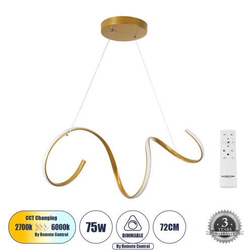 GLOBOSTAR® SPIRALE 61286 Μοντέρνο Κρεμαστό Φωτιστικό Οροφής LED 75W 8400lm 300° AC 220-240V IP20 Ρυθμιζόμενο Λευκό CCT με Χειριστήριο από 2700K έως 6000K Dimmable - Lumileds SMD Chip - Χρυσό Βούρτσας - Μ72 x Π25 x Υ30cm - 3 Χρόνια Εγγύηση