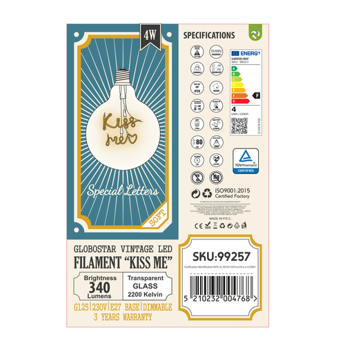 GLOBOSTAR® KISS ME 99257 Λάμπα E27 G125 LED 4W 340lm 360° AC 220-240V IP20 Ultra Θερμό Λευκό 2200K Dimmable - Filament Chip - Διάφανο - Μ12.5 x Π12.5 x Υ18cm - 3 Χρόνια Εγγύηση