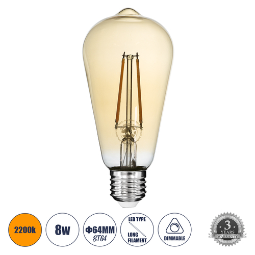 GLOBOSTAR® PEAR 99046 Λάμπα E27 ST64 LED 8W 720lm 360° AC 220-240V IP20 Ultra Θερμό Λευκό 2200K Dimmable - Long Filament Chip - Μελί - Μ6.4 x Π6.4 x Υ14cm - 3 Χρόνια Εγγύηση