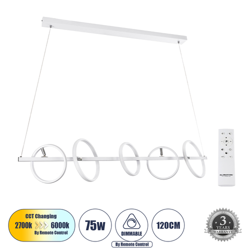 GLOBOSTAR® CIRCOLARE 61320 Μοντέρνο Κρεμαστό Φωτιστικό Οροφής LED 75W 8400lm 360° AC 220-240V IP20 Ρυθμιζόμενο Λευκό CCT με Χειριστήριο από 2700K έως 6000K Dimmable - Lumileds SMD Chip - Λευκό Ματ - Μ120 x Π25 x Υ25cm - 3 Χρόνια Εγγύηση