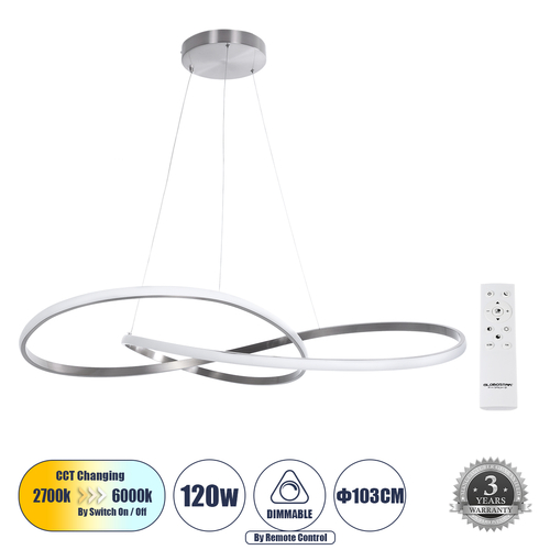 GLOBOSTAR® DEXTER 60919 Μοντέρνο Κρεμαστό Φωτιστικό Οροφής LED 120W 13440lm 300° AC 220-240V IP20 Ρυθμιζόμενο Λευκό CCT με Χειριστήριο από 2700K έως 6000K Dimmable - Lumileds SMD Chip - Νίκελ Βούρτσας - Μ103 x Π103 x Υ30cm - 3 Χρόνια Εγγύηση