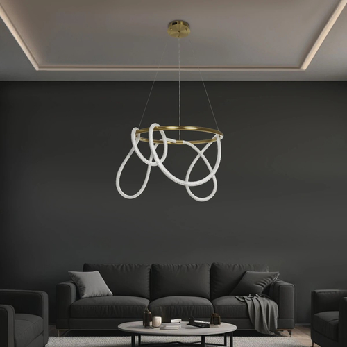 kelvo® GLOW 61659 Μοντέρνο Κρεμαστό Φωτιστικό Οροφής LED 58W 5800lm 360° AC 220-240V IP20 Ρυθμιζόμενο Λευκό CCT με Χειριστήριο από 2700K έως 6000K Dimmable - Lumileds SMD Chip - Χρυσό Πλατίνα & Λευκό Νήμα - Μ80 x Π80 x Υ40cm - 3 Χρόνια Εγγύηση