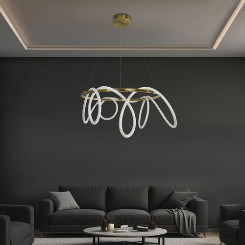 kelvo® GLOW 61660 Μοντέρνο Κρεμαστό Φωτιστικό Οροφής LED 69W 6900lm 360° AC 220-240V IP20 Ρυθμιζόμενο Λευκό CCT με Χειριστήριο από 2700K έως 6000K Dimmable - Lumileds SMD Chip - Χρυσό Πλατίνα & Λευκό Νήμα - Μ100 x Π100 x Υ40cm - 3 Χρόνια Εγγύηση