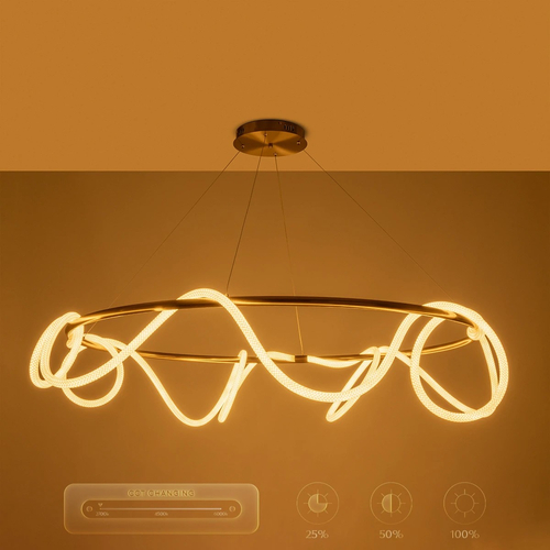 kelvo® GLOW 61661 Μοντέρνο Κρεμαστό Φωτιστικό Οροφής LED 100W 10000lm 360° AC 220-240V IP20 Ρυθμιζόμενο Λευκό CCT με Χειριστήριο από 2700K έως 6000K Dimmable - Lumileds SMD Chip - Χρυσό Πλατίνα & Λευκό Νήμα - Μ150 x Π150 x Υ100cm - 3 Χρόνια Εγγύηση