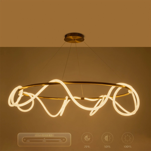 kelvo® GLOW 61661 Μοντέρνο Κρεμαστό Φωτιστικό Οροφής LED 100W 10000lm 360° AC 220-240V IP20 Ρυθμιζόμενο Λευκό CCT με Χειριστήριο από 2700K έως 6000K Dimmable - Lumileds SMD Chip - Χρυσό Πλατίνα & Λευκό Νήμα - Μ150 x Π150 x Υ100cm - 3 Χρόνια Εγγύηση