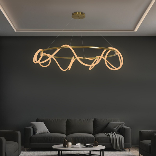 kelvo® GLOW 61661 Μοντέρνο Κρεμαστό Φωτιστικό Οροφής LED 100W 10000lm 360° AC 220-240V IP20 Ρυθμιζόμενο Λευκό CCT με Χειριστήριο από 2700K έως 6000K Dimmable - Lumileds SMD Chip - Χρυσό Πλατίνα & Λευκό Νήμα - Μ150 x Π150 x Υ100cm - 3 Χρόνια Εγγύηση