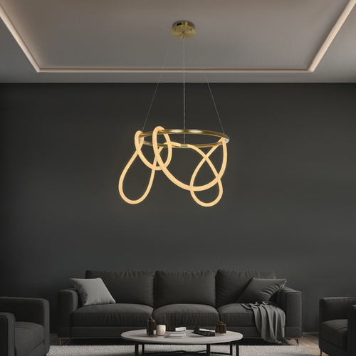 kelvo® GLOW 61659 Μοντέρνο Κρεμαστό Φωτιστικό Οροφής LED 58W 5800lm 360° AC 220-240V IP20 Ρυθμιζόμενο Λευκό CCT με Χειριστήριο από 2700K έως 6000K Dimmable - Lumileds SMD Chip - Χρυσό Πλατίνα & Λευκό Νήμα - Μ80 x Π80 x Υ40cm - 3 Χρόνια Εγγύηση