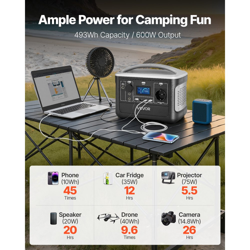 Φορητός σταθμός παραγωγής ενέργειας VEVOR, ηλιακός σταθμός παραγωγής ενέργειας με γεννήτρια 600W, εφεδρική μπαταρία LiFePO4 493Wh με 7 θύρες εξόδου για οικιακή έκτακτη ανάγκη, κάμπινγκ σε εξωτερικούς χώρους, ταξίδια με τροχόσπιτο (δεν περιλαμβάνεται ηλιακό πάνελ)