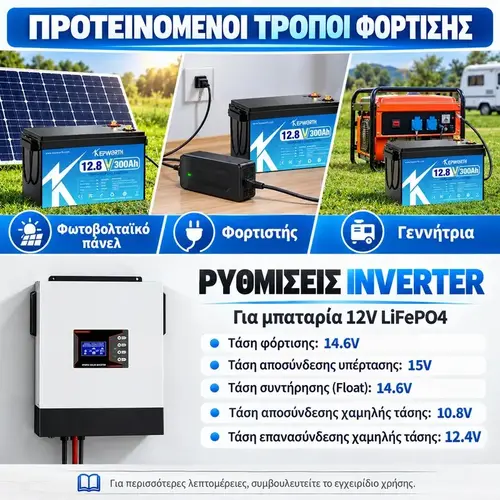 Ρυθμίσεις inverter και τρόποι φόρτισης μπαταρίας KEPWORTH LiFePO4 12V 300Ah
