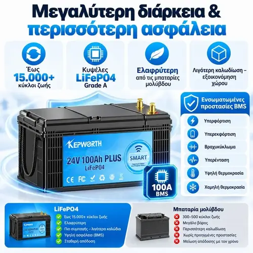 KEPWORTH LiFePO4 24V 100Ah με BMS 100A έως 15000 κύκλους και προστασίες